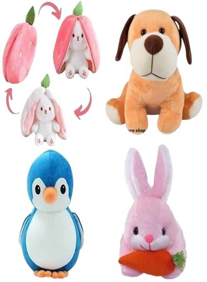 Future Shop Pack of 4 Elegant Soft Animals Stuffed Plush Toys Combo Set for Kids/Childrens/Boys/Girls Playing Birthday Gift Soft Fur Reversible Bunny, Dog, Penguien, Rabbit - Image 1